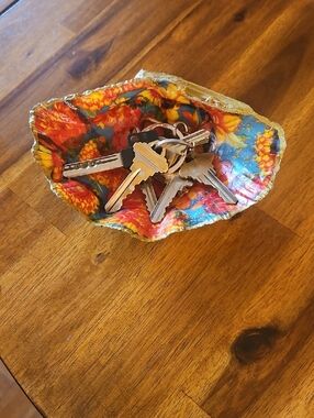 Hand-Painted & Decopaged Floral Shell Trinket Dish - Yellow & Red Flowers